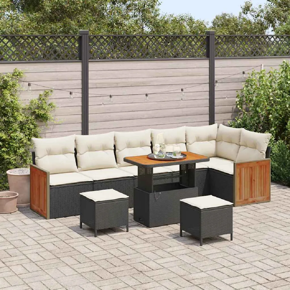 vidaXL Ensemble de canapé de jardin avec coussin 9 pcs Noir et Crème