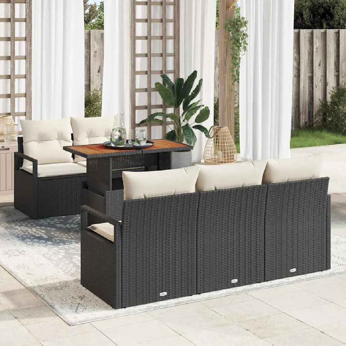 vidaXL Ensemble de canapé de jardin avec coussin 6 pcs Noir et crème