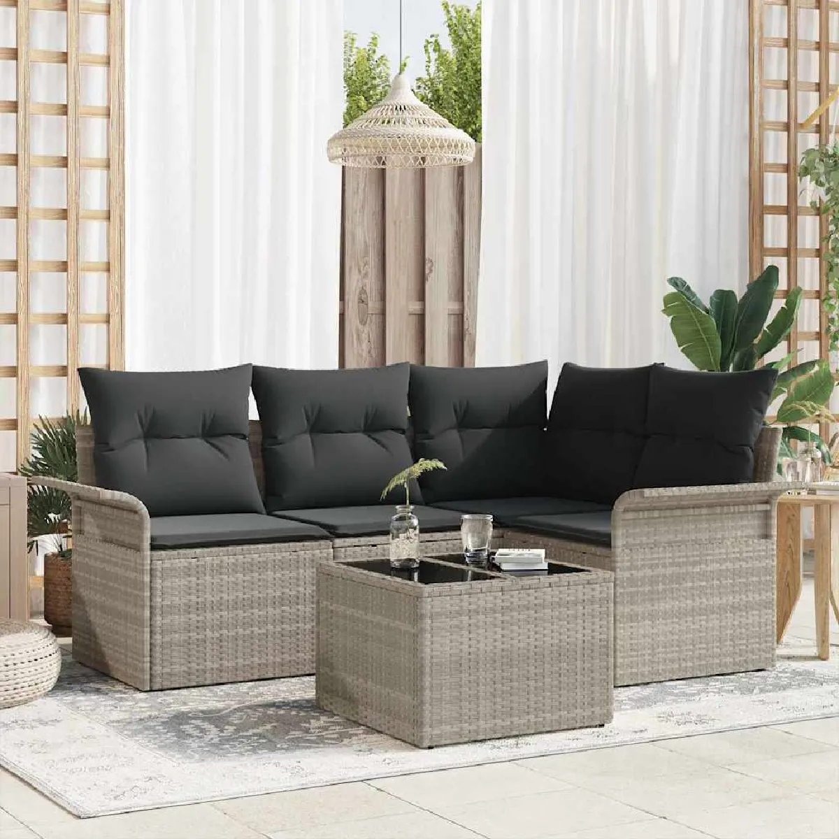 Vidaxl Gris Ensemble De Canapés De Jardin 5 Pièces Avec Coussins Poly Rattan - Image 3