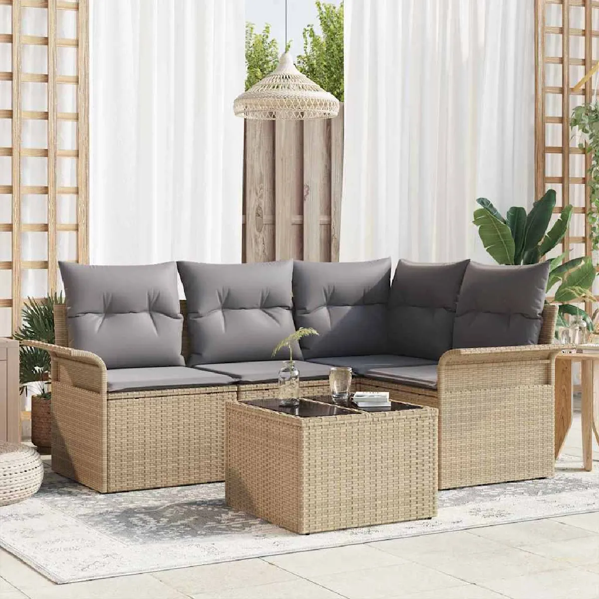 Ensemble de Canapés de Jardin 5 Pièces avec Coussins en Poly Rattan Acacia Canapé de Jardin 2 Places avec Coussins 3347448 - vue 3