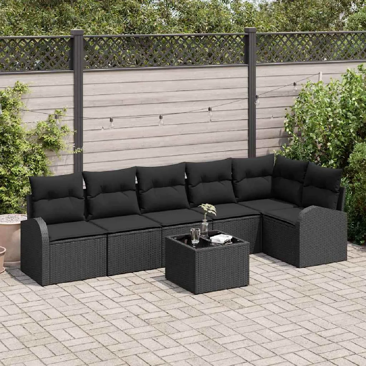 Vidaxl Noir Ensemble De Canapé De Jardin Avec Coussin 7 Pcs Polyrotin