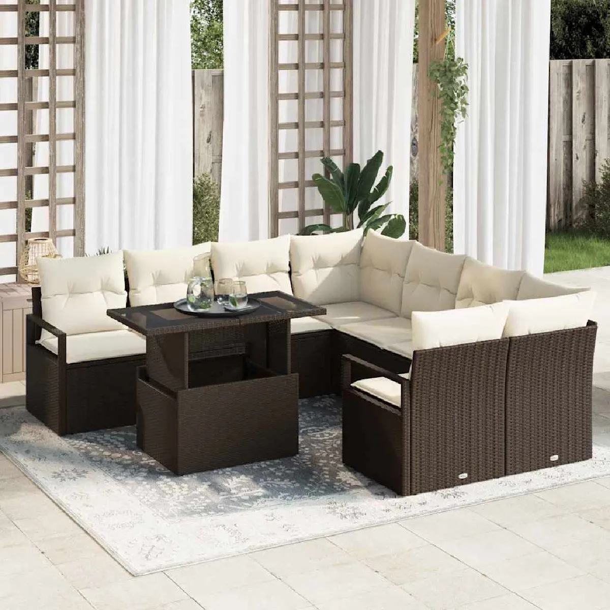 vidaXL Ensemble de canapé de jardin 9 pcs et Crème polyrotin - vue 7