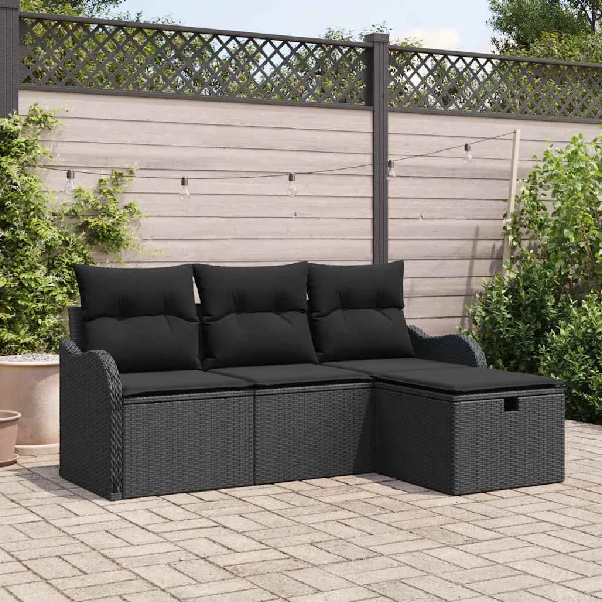 vidaXL Ensemble de canapé de jardin avec coussin 4 pcs Noir Poly rotin