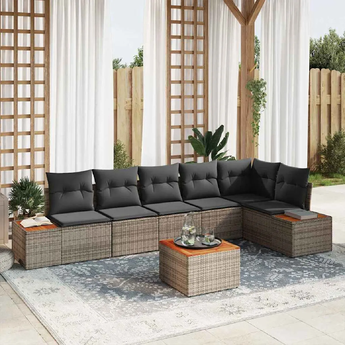 Vidaxl Gris Ensemble De Canapé De Jardin Avec Coussin 7 Pcs Poly Rotin