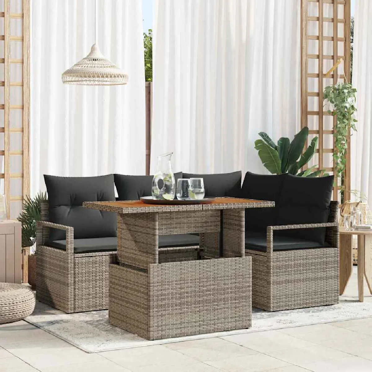 Non Communiqué Gris Ensemble Canapé Jardin 5 Pièces Avec Coussins Rattan Poly - Image 3
