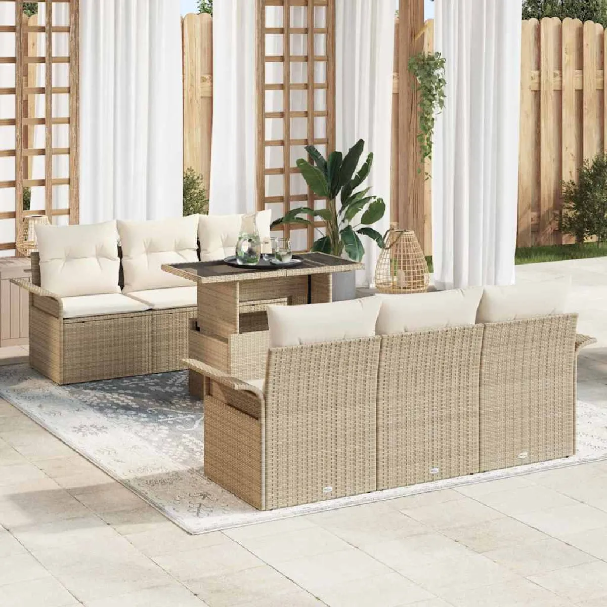 Vidaxl Beige Ensemble De Canapé De Jardin Avec Coussin 7 Pcs Polyrotin