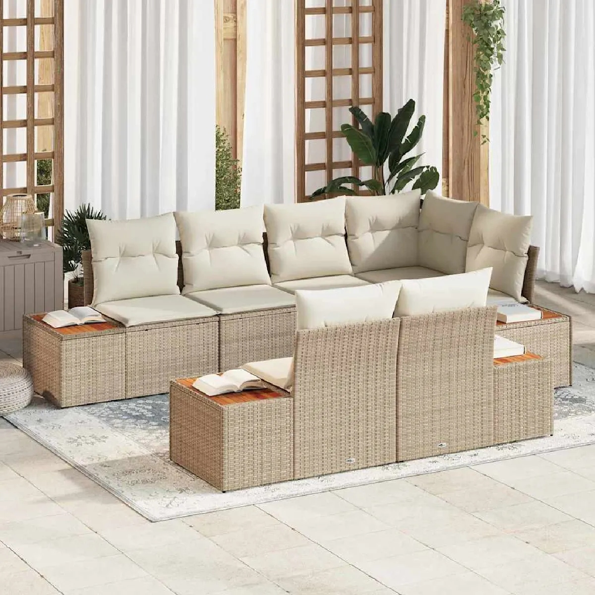 Vidaxl Beige Ensemble De Canapé De Jardin Avec Coussin 7 Pcs Polyrotin