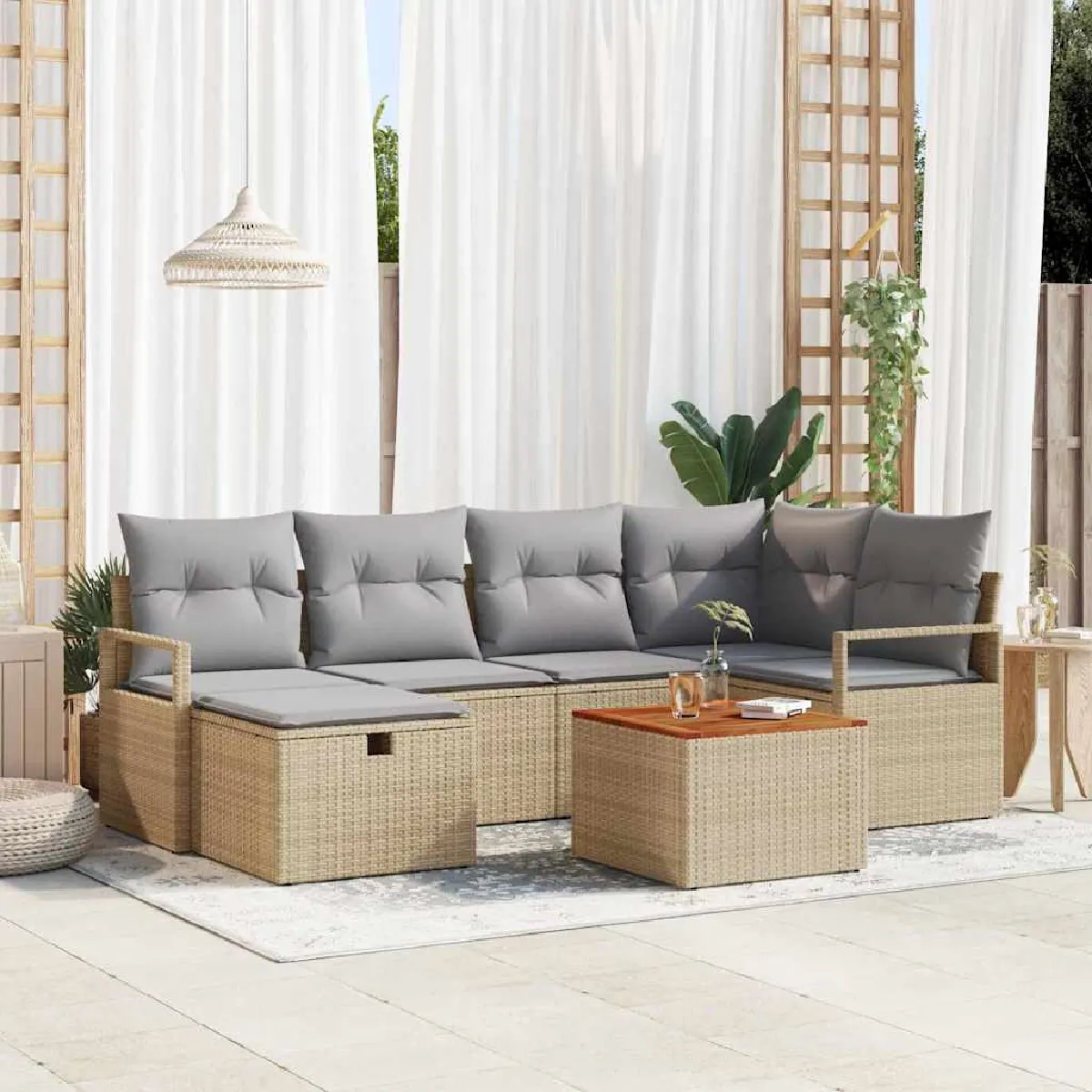 Vidaxl Beige Ensemble De Canapé De Jardin Avec Coussin 7 Pcs Polyrotin
