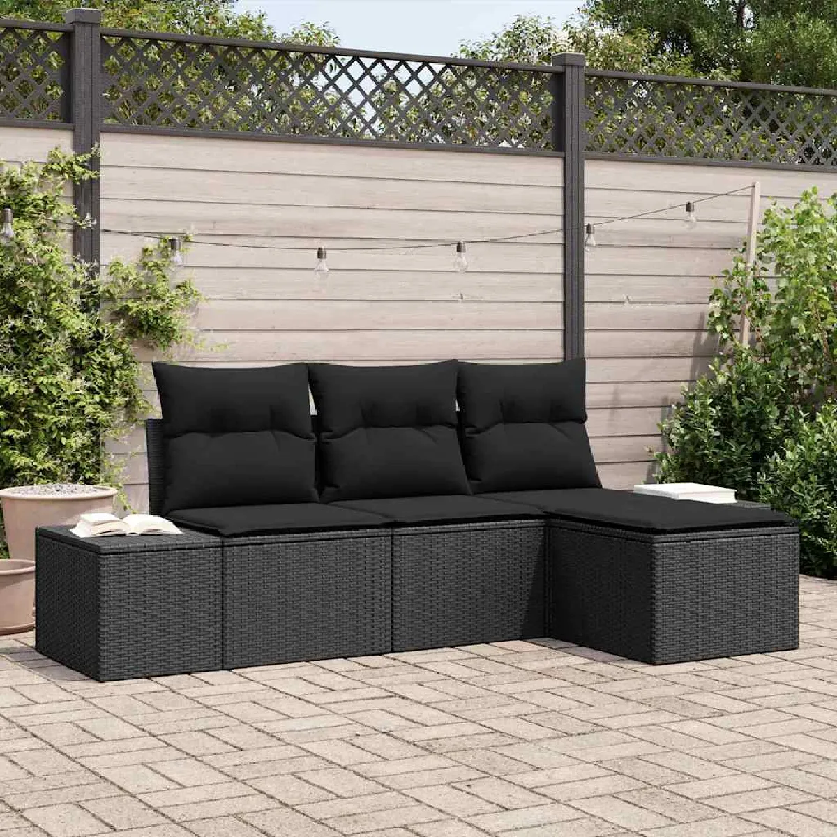 vidaXL Ensemble de canapé de jardin avec coussin 4 pcs Noir polyrotin