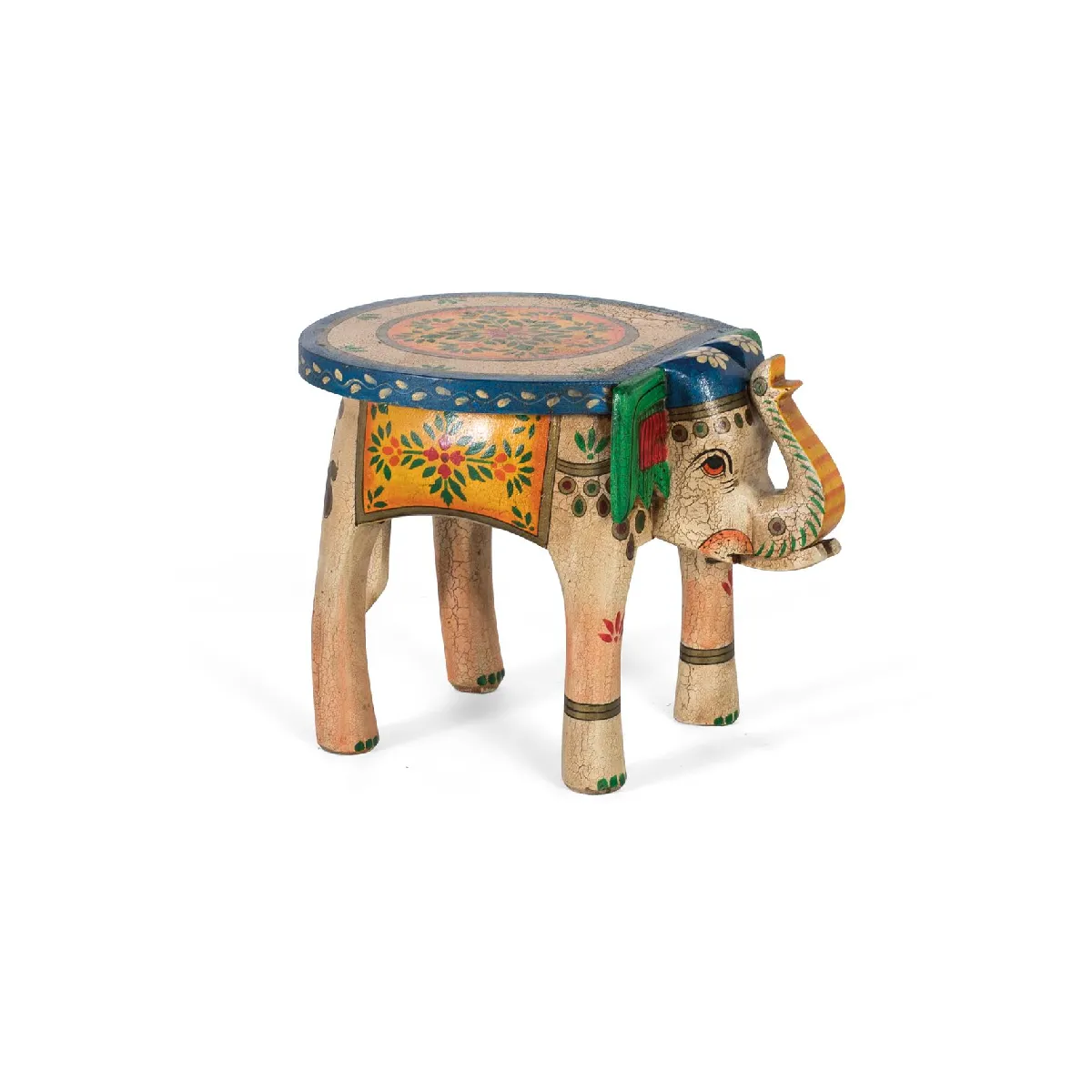 Tabouret En Bois De Manguier Peint À La Main Avec Détails Multicolores