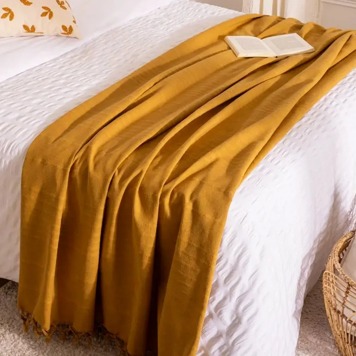 Jeté De Lit Atmosphera En Coton Lin 160x220 Cm - Style Romance Bohème Doux Et Confortable