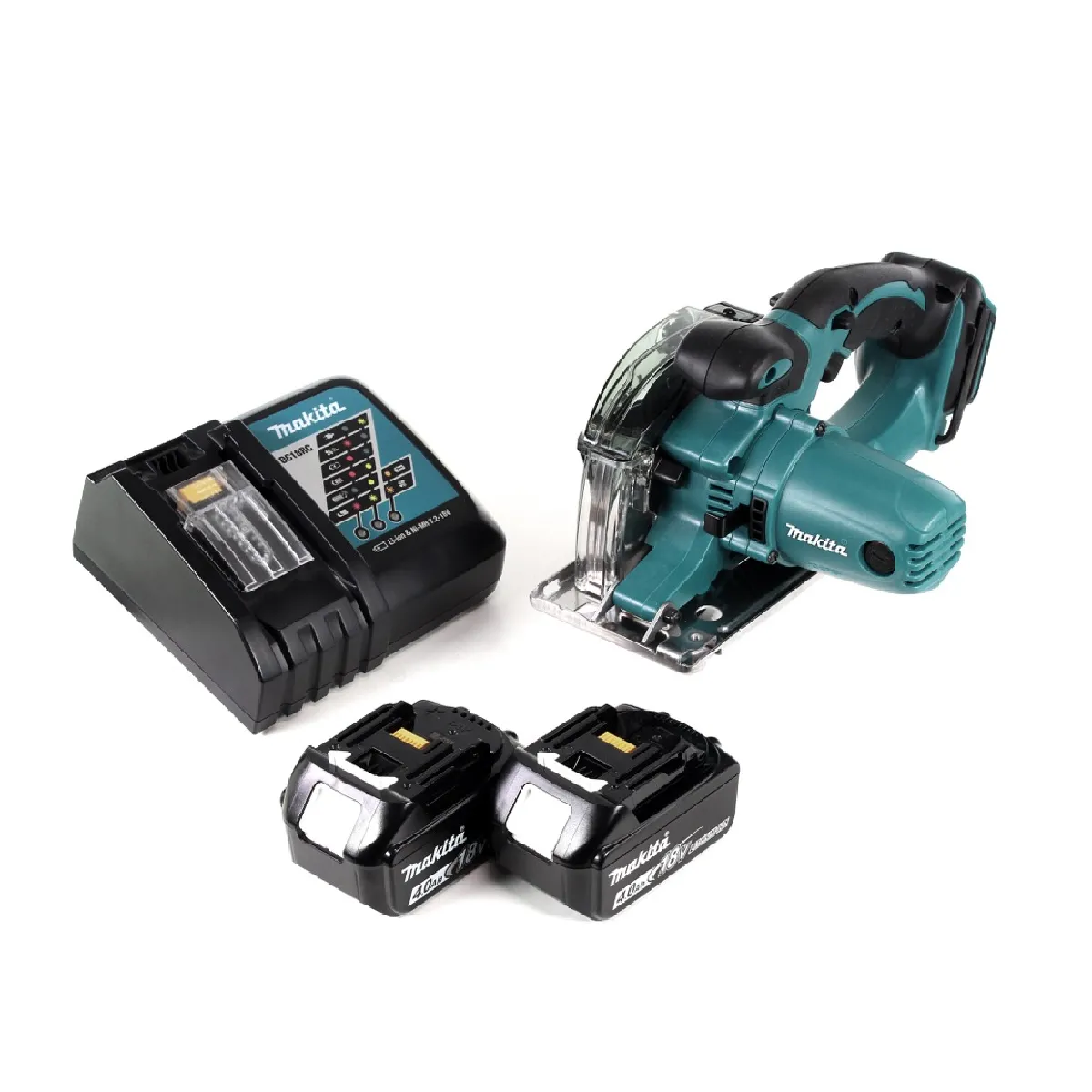 Makita DCS 552 RM 18 V Scie circulaire à main sans fil métal 136 mm + 2x Batteries 4 0 Ah + Chargeur + Lame de scie et lunettes de protection