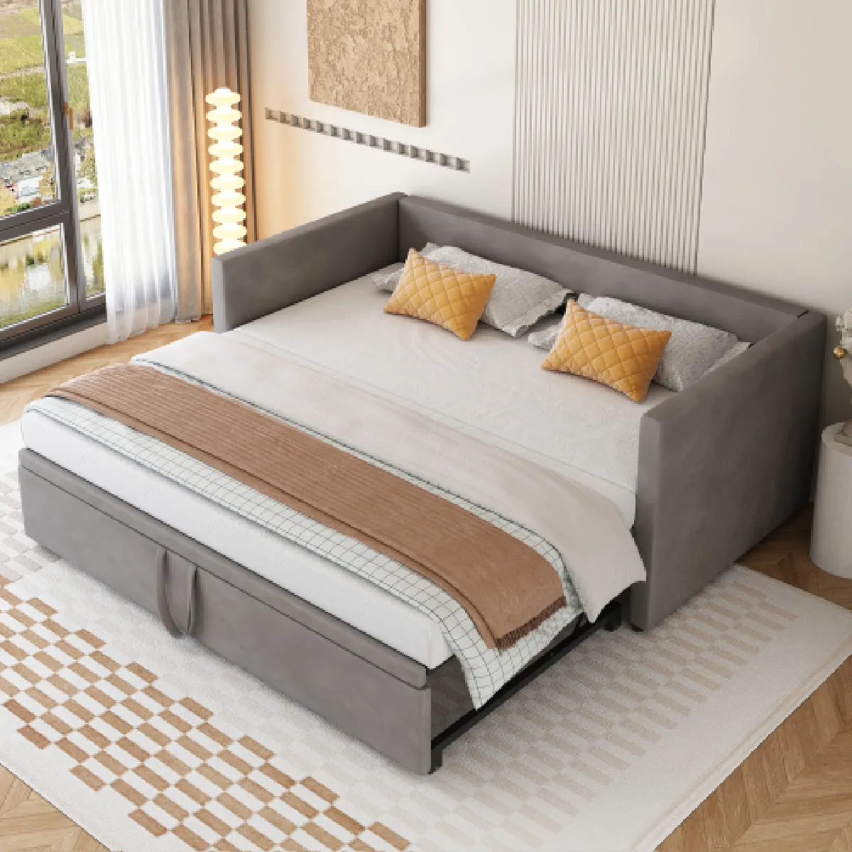 Lit gigogne 90x200 cm avec sommier à lattes, en velours, gris