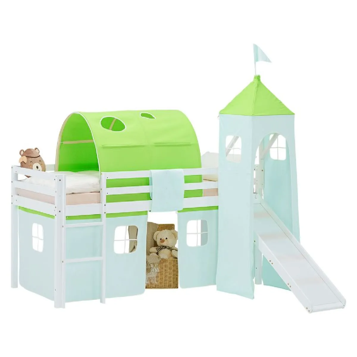 Lit mezzanine 90x200cm sommier, toboggan, tour, tunnel et rideau pin vert