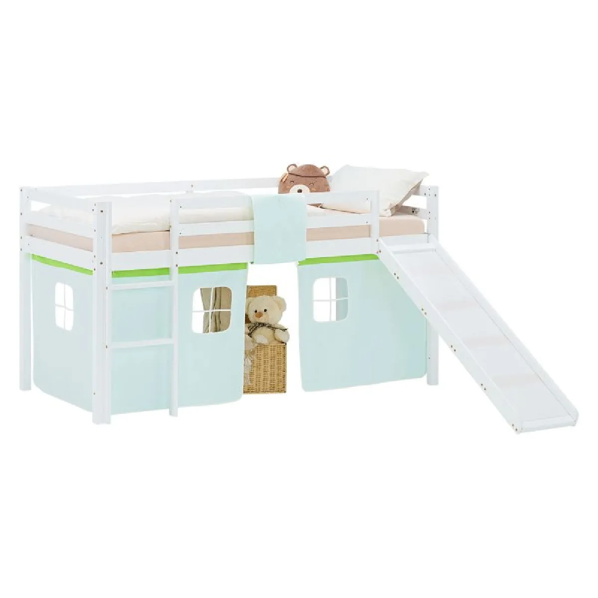 Lit mezzanine 90x200cm avec toboggan, sommier et rideau pin vert