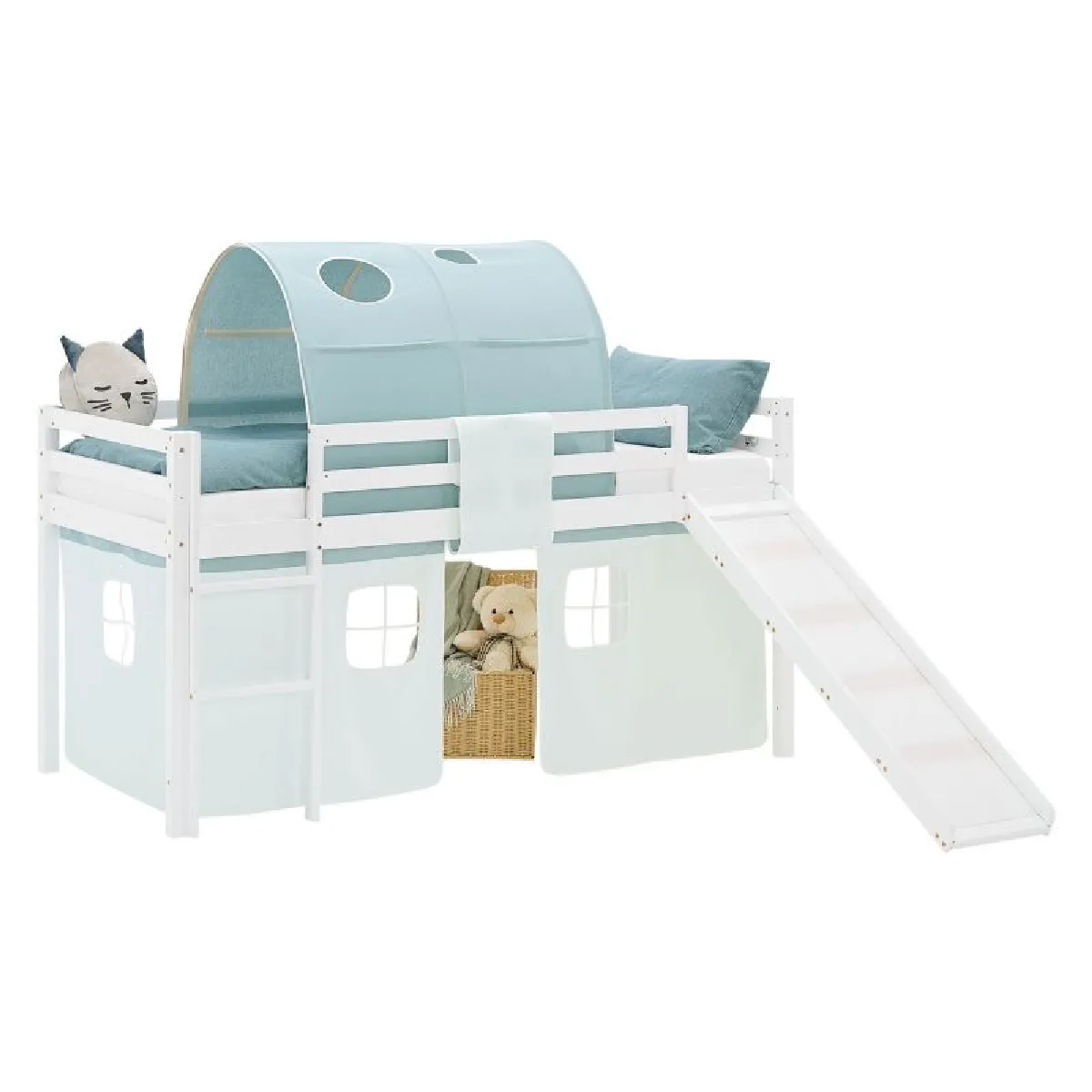 Lit mezzanine 90x200cm avec toboggan, matelas, tunnel et rideau vert