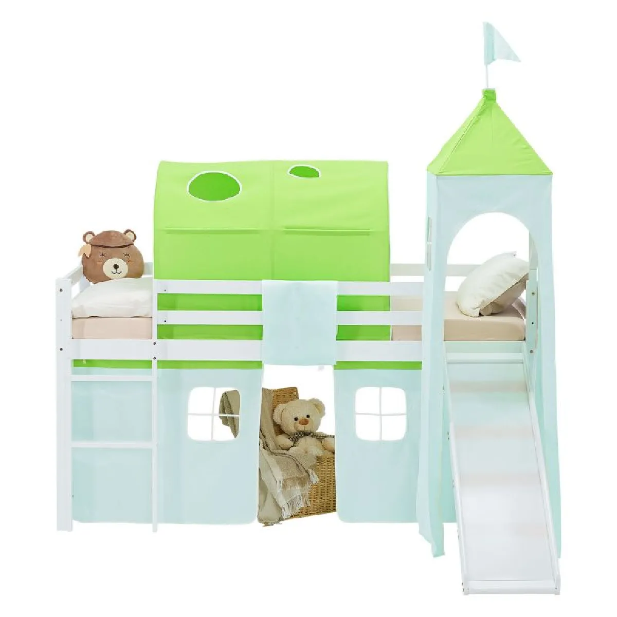 Lit mezzanine 90x200cm avec toboggan, matelas, tour, tunnel et rideau vert