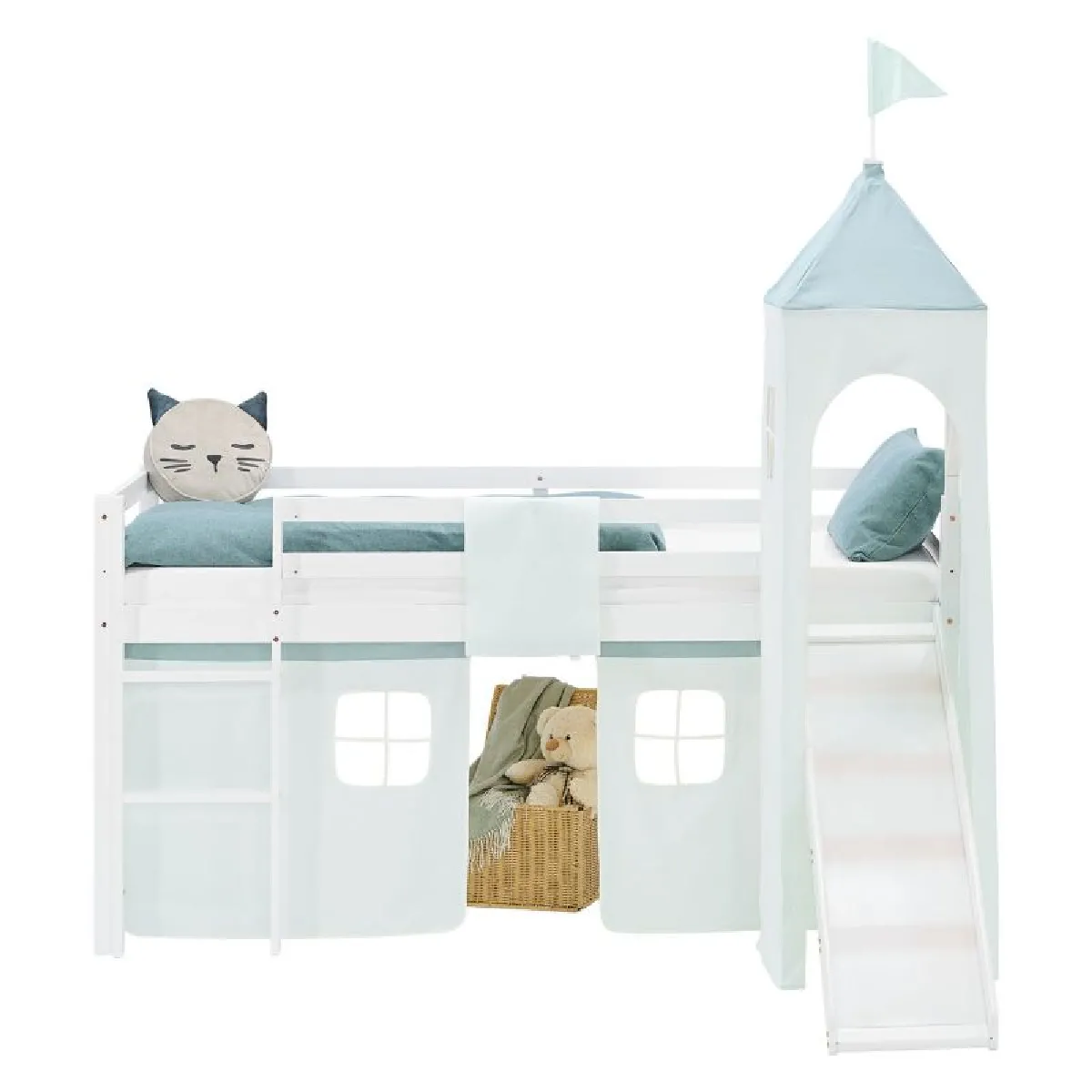 Lit mezzanine 90x200cm avec toboggan, matelas, tour et rideau vert