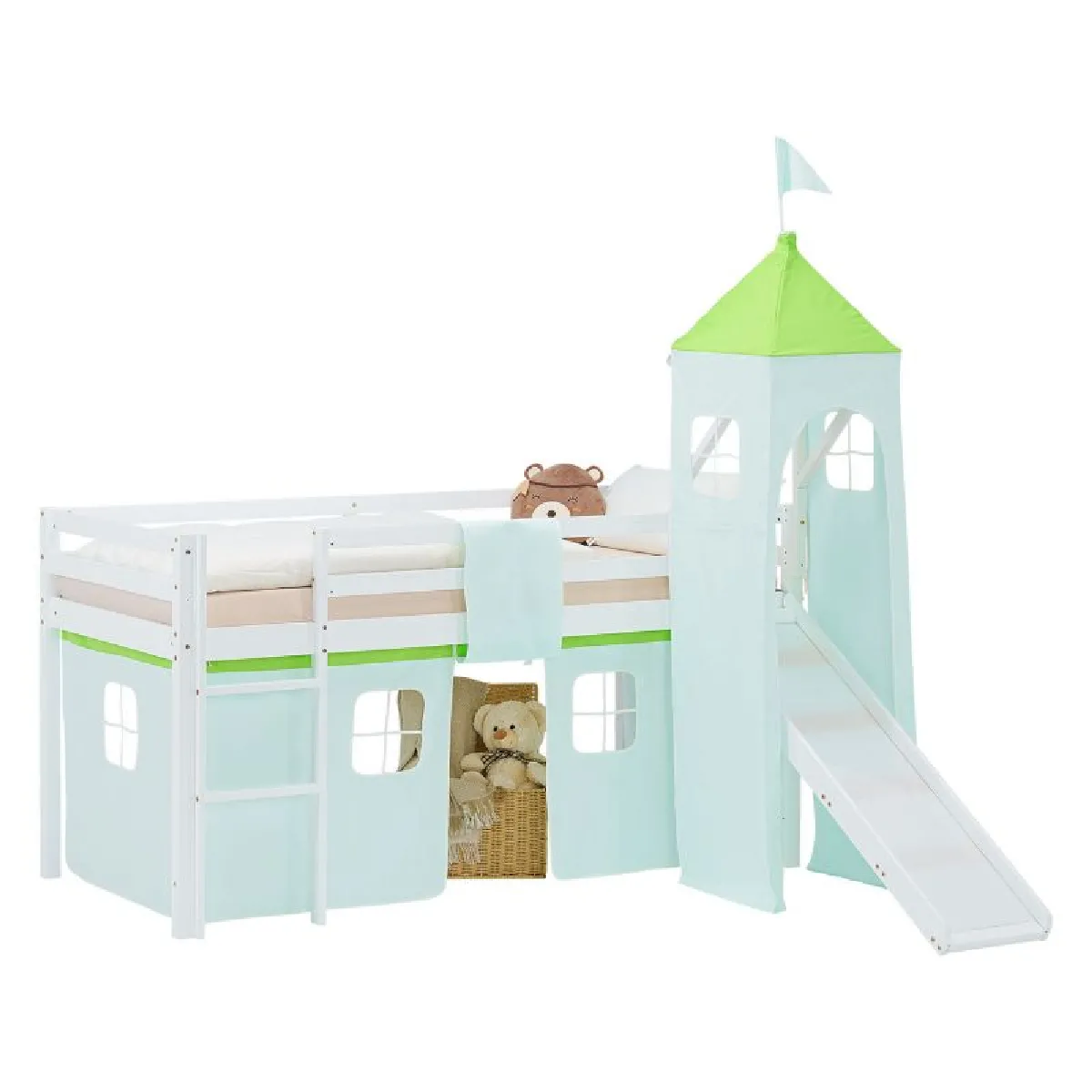 Lit mezzanine 90x200cm toboggan, sommier, tour et rideau pin vert