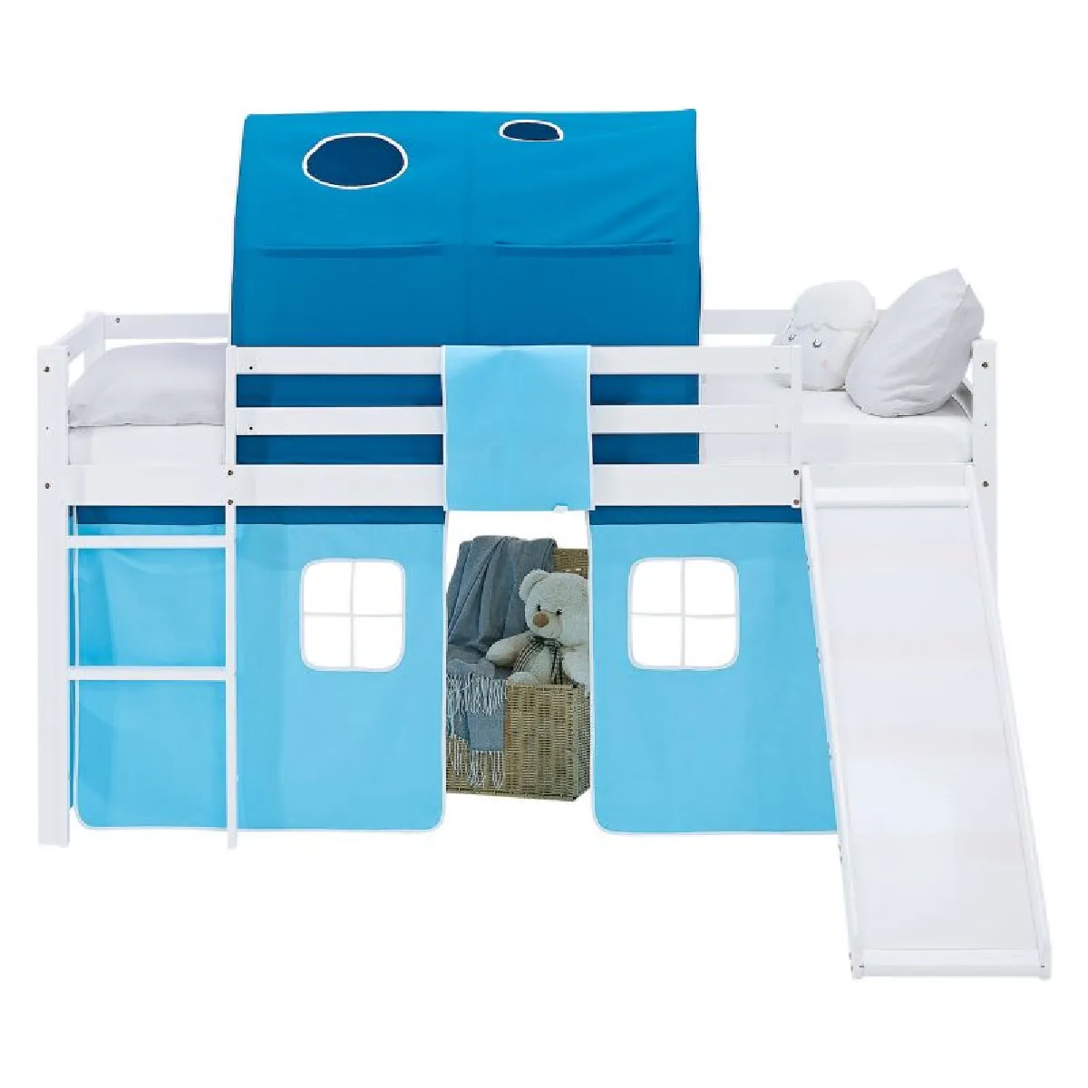 Lit mezzanine 90x200cm avec toboggan, matelas, tunnel et rideau bleu
