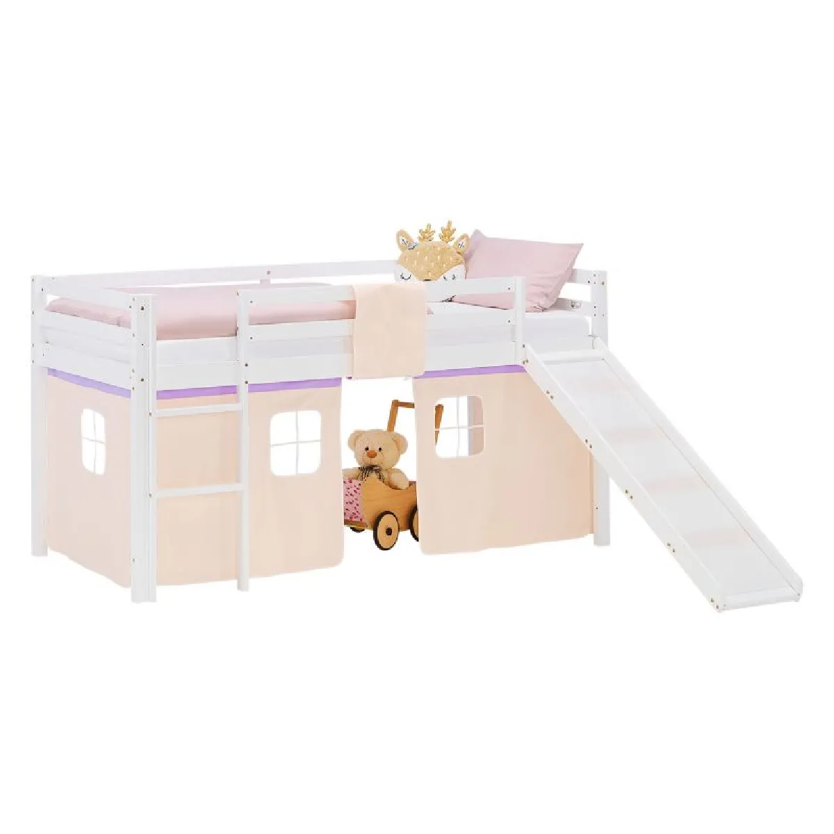 Lit mezzanine 90x200cm avec toboggan, sommier et rideau pin violet/pêche
