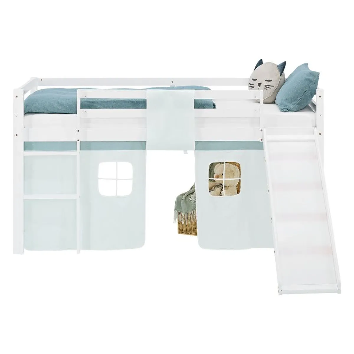 Lit mezzanine 90x200cm avec toboggan, matelas, sommier et rideau vert