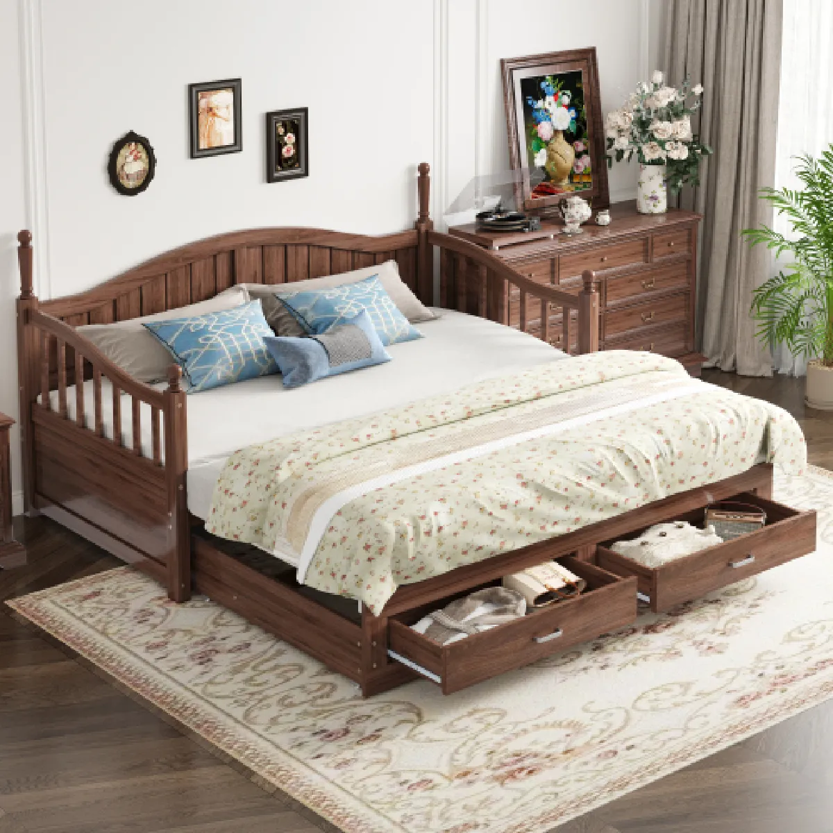 Lit gigogne 90x190 cm avec tiroirs et sommier à lattes, en bois, noyer
