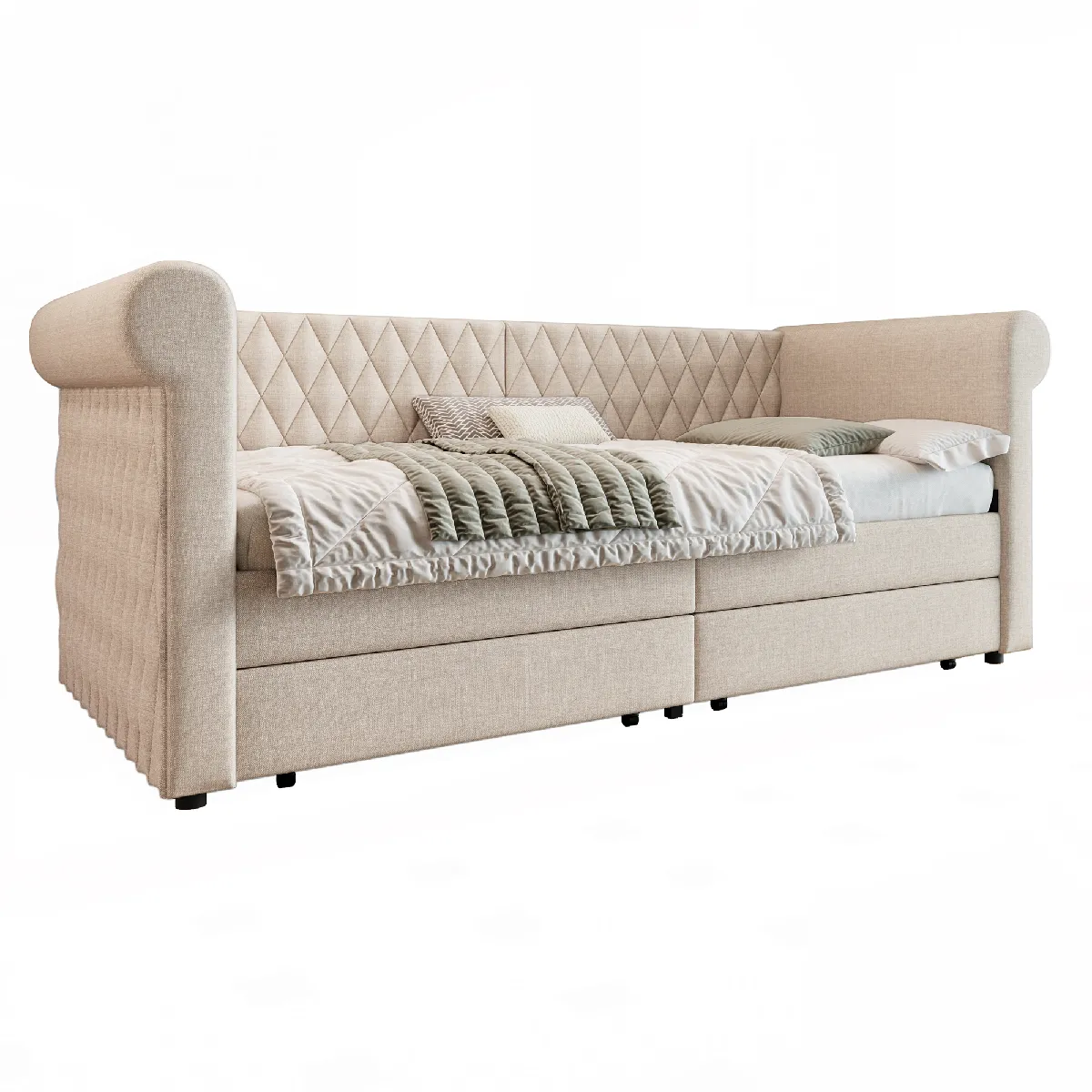 Lit vintage 90x200 lin beige, 2 tiroirs, canapé-clic-clac - Sans matelas