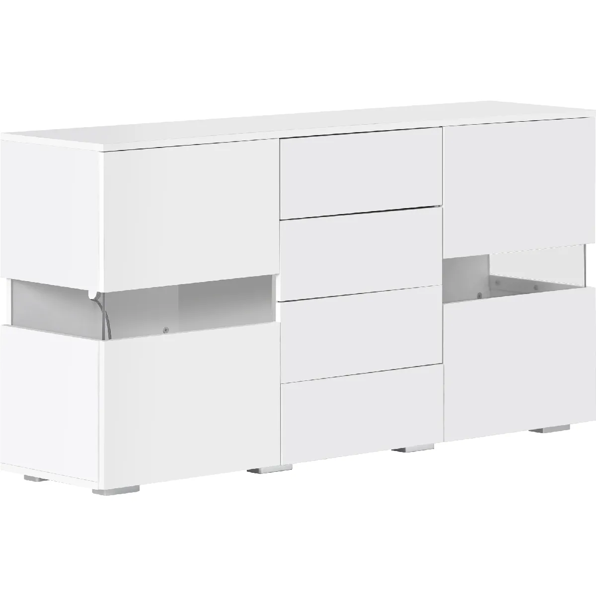 Buffet bahut 2 portes et 4 tiroirs blanc - laqué brillant mat - led - armoire de rangement 140 cm - contemporain