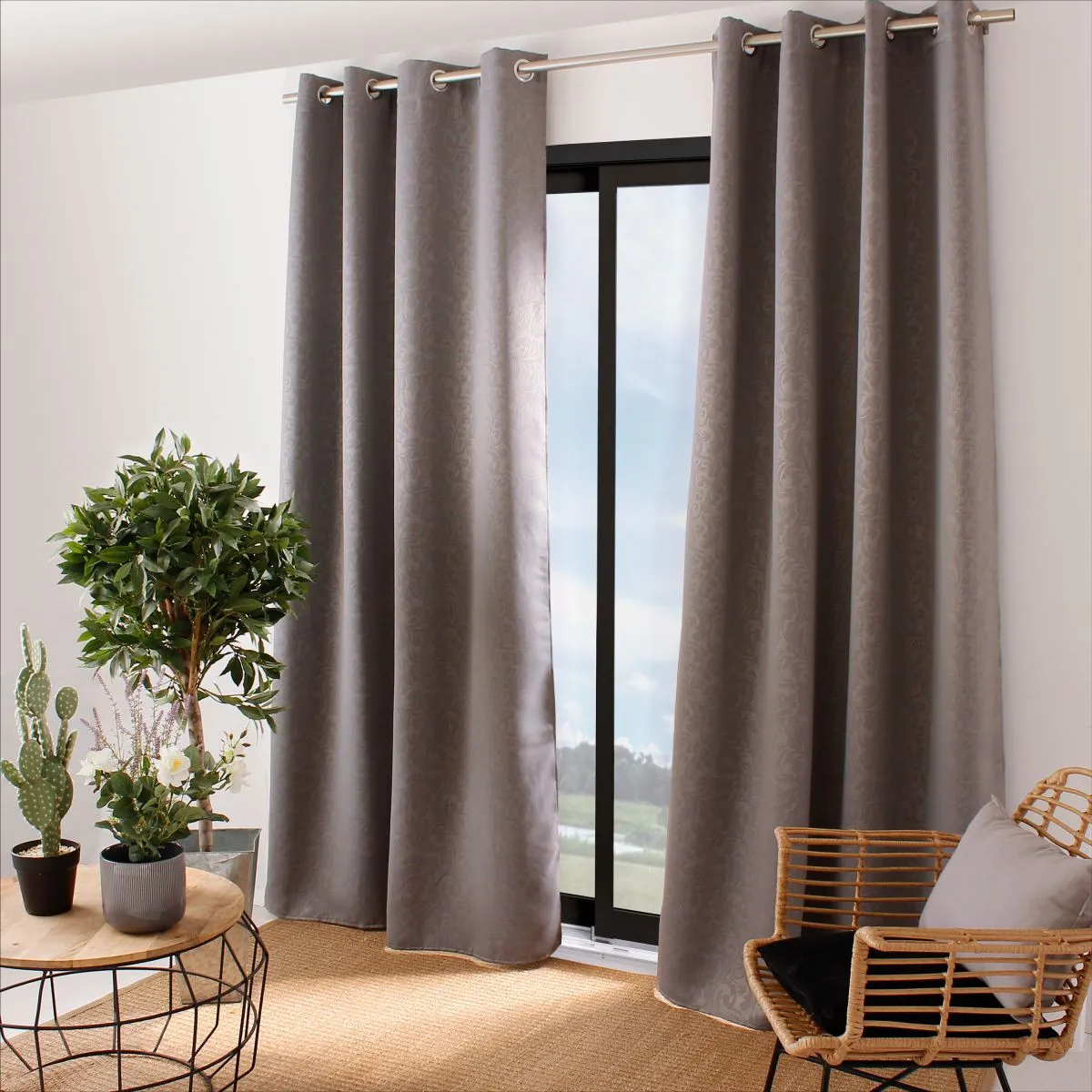 Rideau occultant motif frapp&eacute;, 8 oeillets 140x240cm gris
