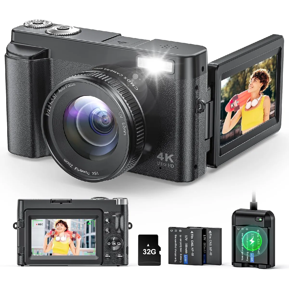 Appareil Photo Numérique Compact 4K 64MP - Écran Rabattable 180°, Zoom 16x, Carte 32 Go Incluse - Parfait Pour Débutants