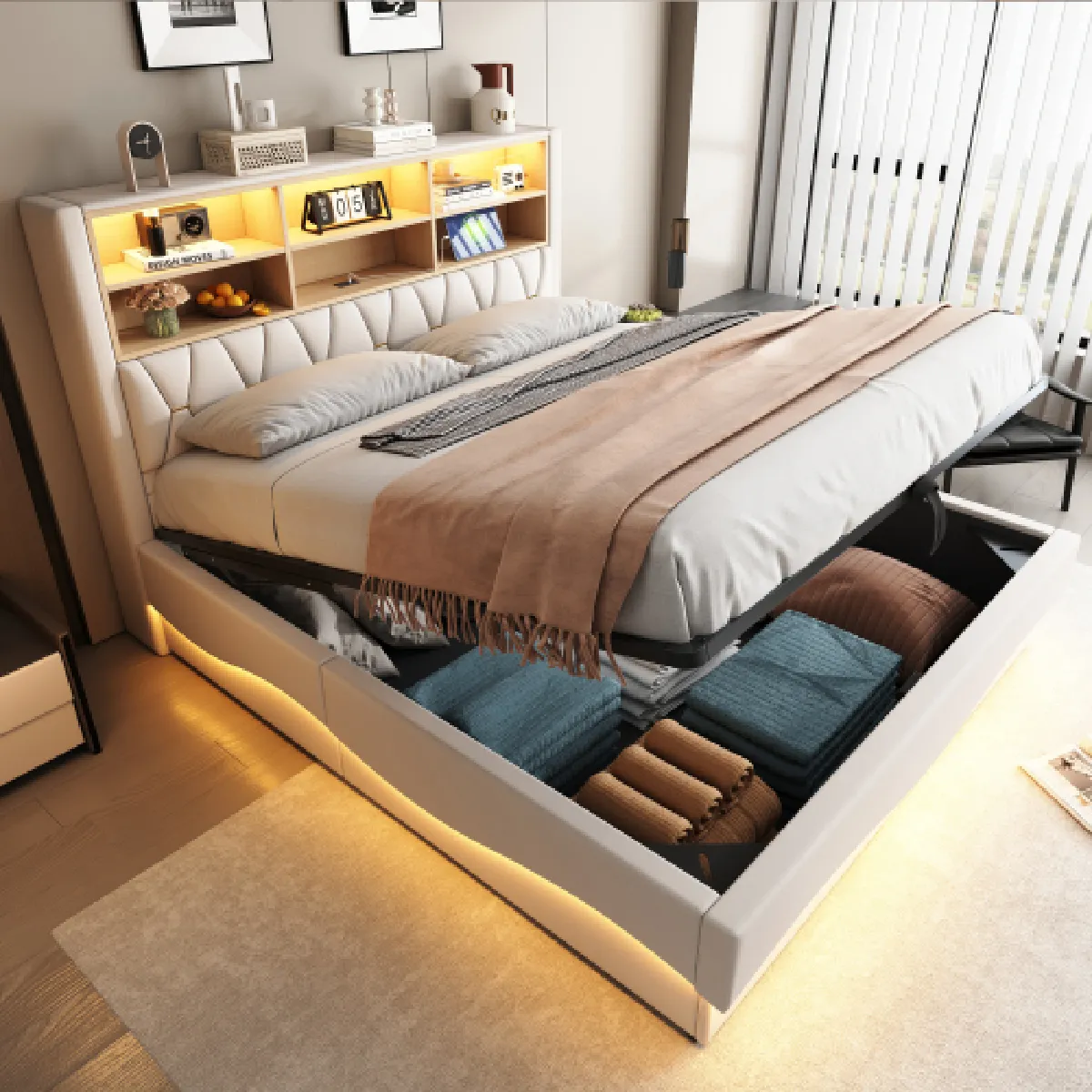 Lit coffre 180x200 cm avec LED et USB, en lin, beige