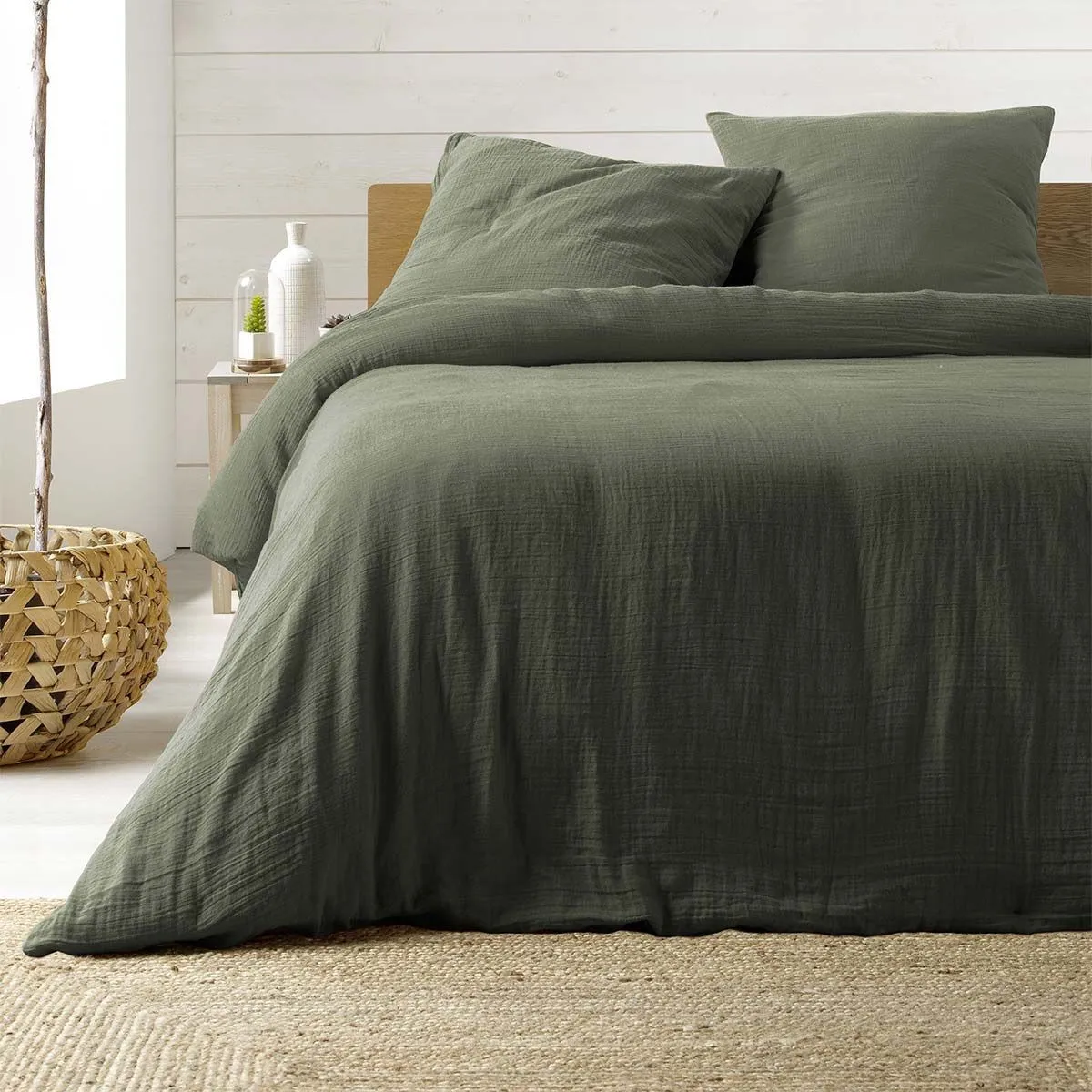 Parure Douceur D Interieur Parure de lit 3 pieces 260 x 240 cm double gaze coton uni 57 fils angelia kaki