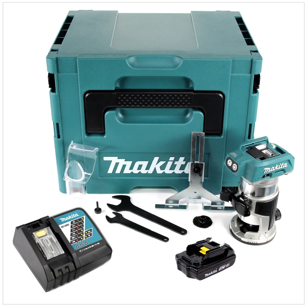 Makita DRT 50 Y1J D Fraiseuse multifonction sans fil 18V brushless + 1x Batterie 1.5Ah + Chargeur + Makpac