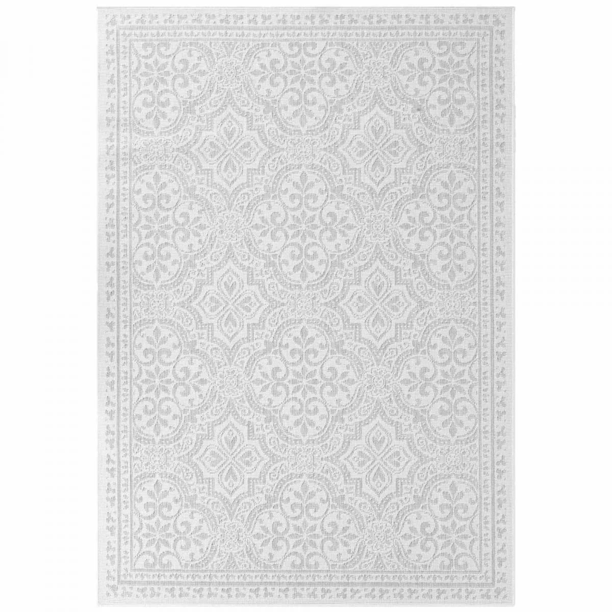 Tapis exterieur 160 x 230 cm, blanc et gris, kilim oriental, BOLDA, idée déco terrasse