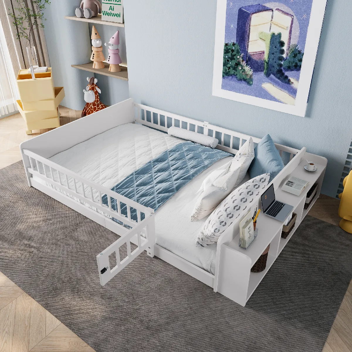 Lit enfant 140x200 pin blanc avec étagères et coffre de rangement - Sans matelas