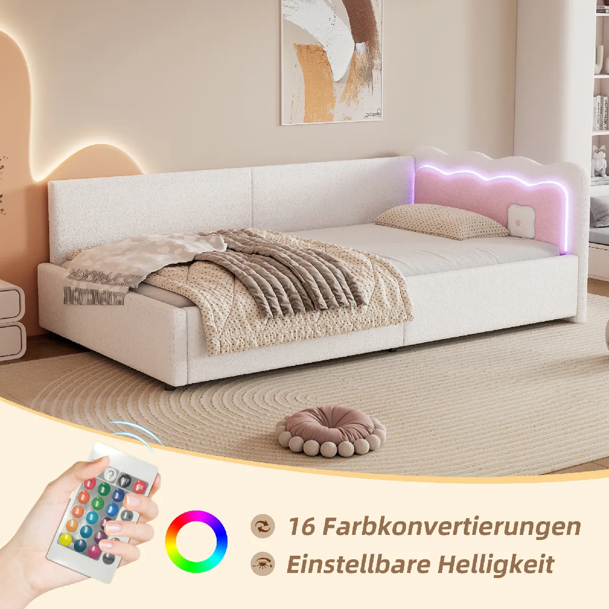 Lit jour 90x200 blanc avec LED télécommandée et simili-fourrure - Sans matelas