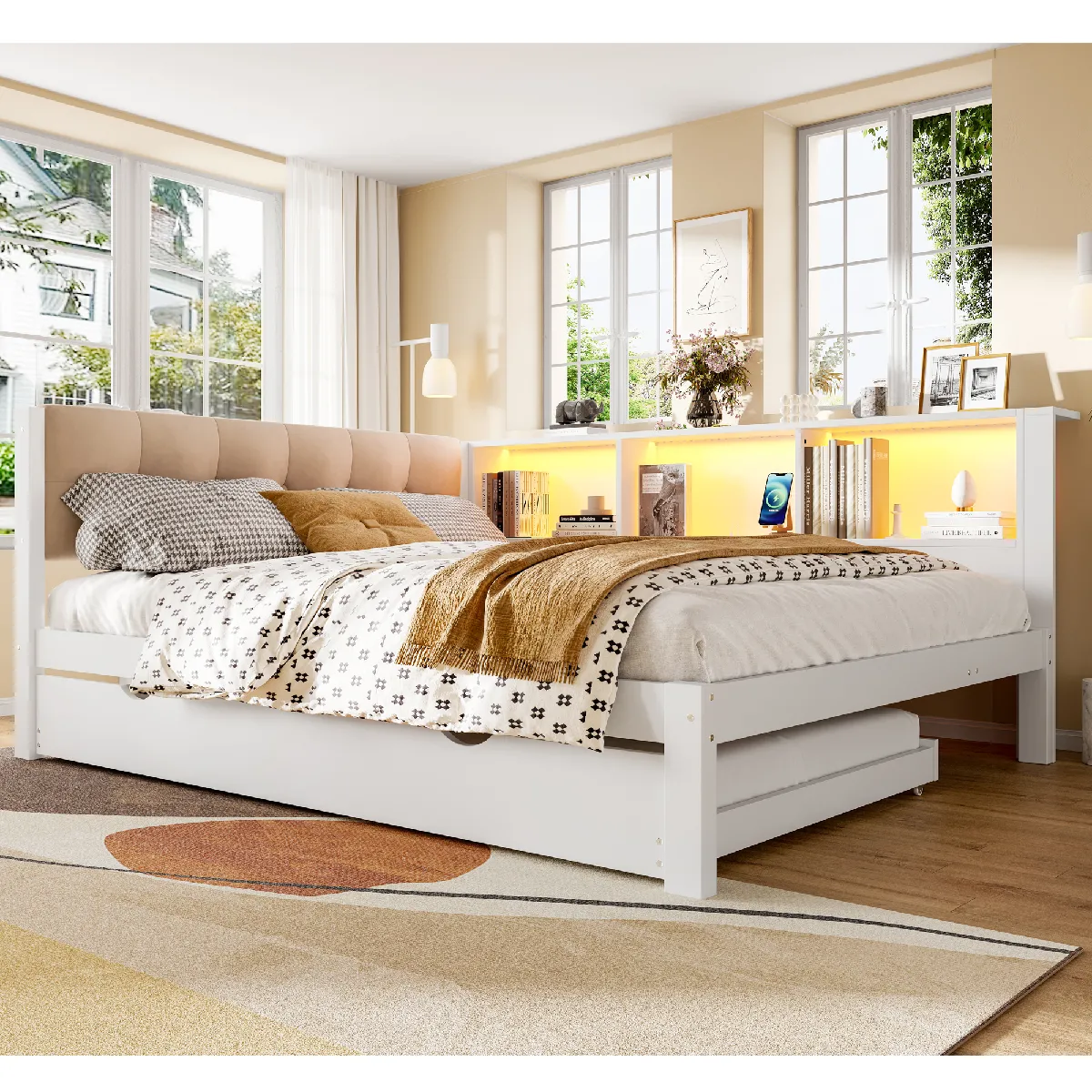 Lit jour 140x200 bois blanc, LED dimmable, étagère, USB et lit escamotable