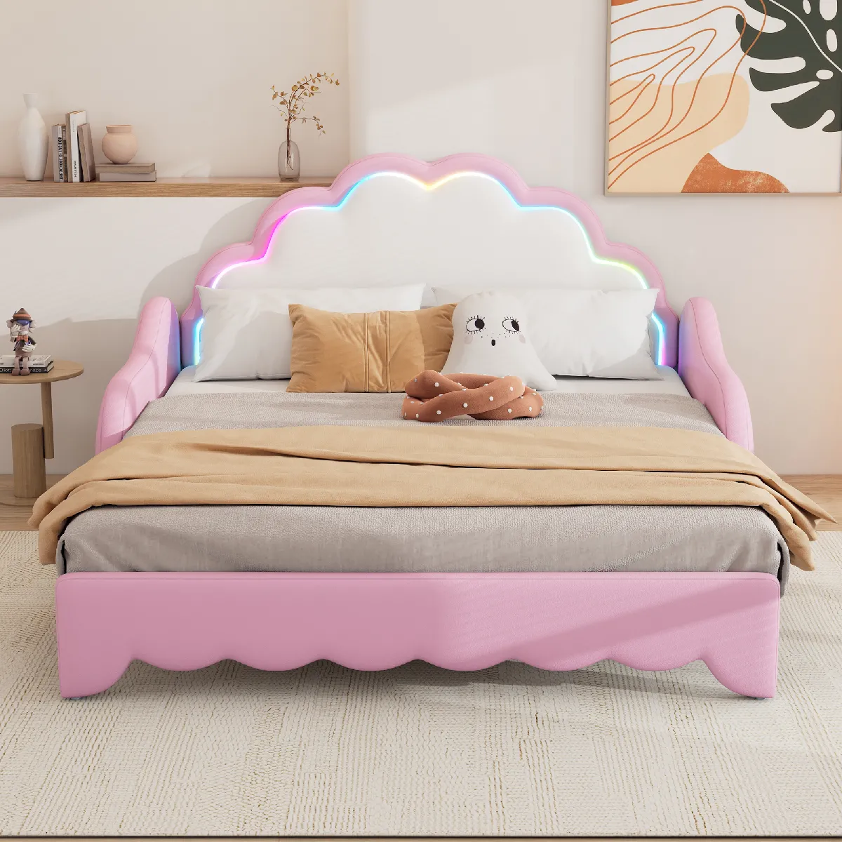 Canapé-lit 140x200 convertible, tête de lit à lumière animée, télécommande, rose