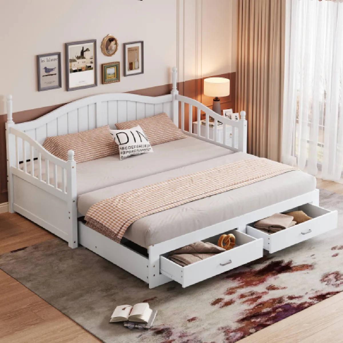 Lit gigogne 90x190 cm avec tiroirs et sommier à lattes, en bois, blanc