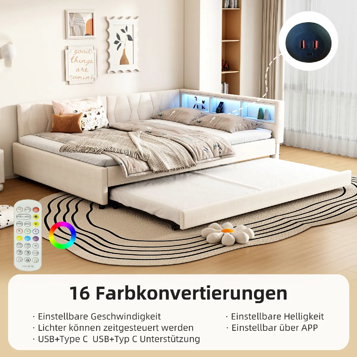 Lit jour 140x200cm lin beige, sans matelas, LED, USB-C, lit escamotable, appli