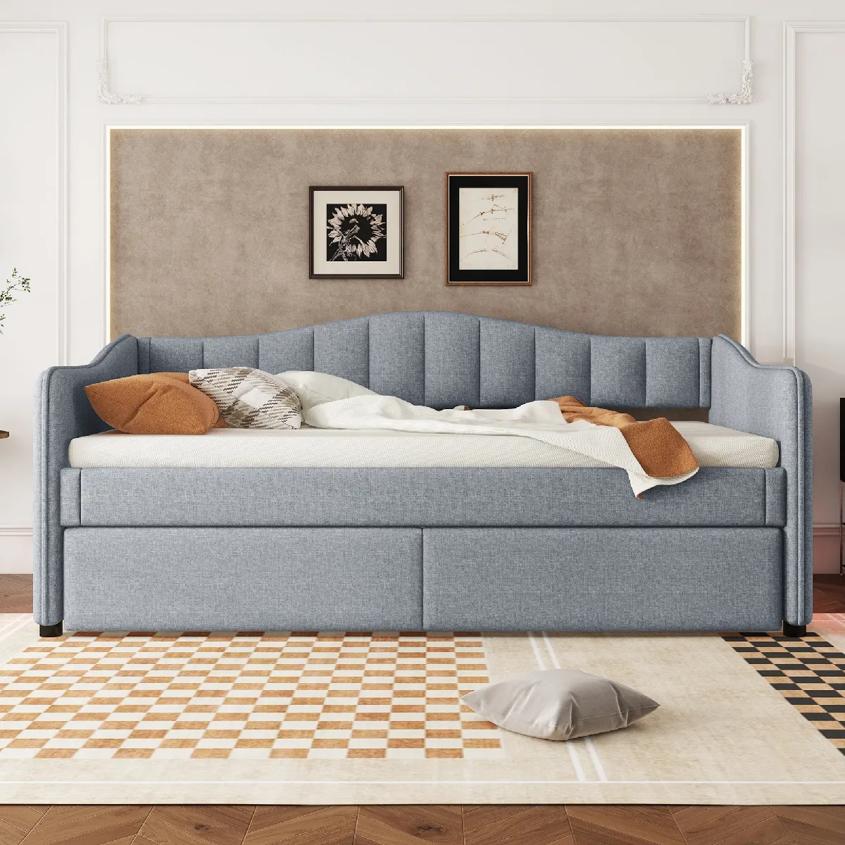 Lit jour 90x200cm lin gris, sans matelas, LED ambiante, lit escamotable