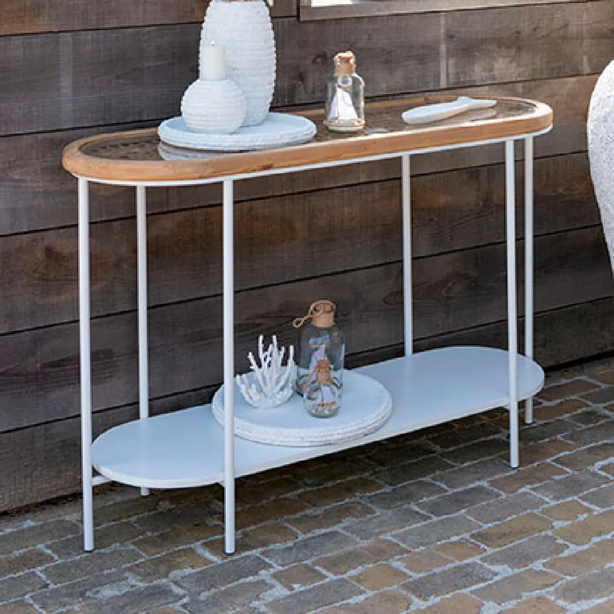 Mes Blanc Console 2 Niveaux Verre Et Bois - Naturel