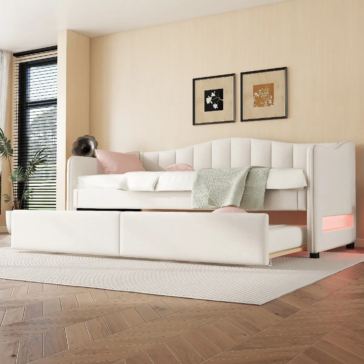 Lit jour 90x200cm lin beige, sans matelas, LED ambiante, lit escamotable