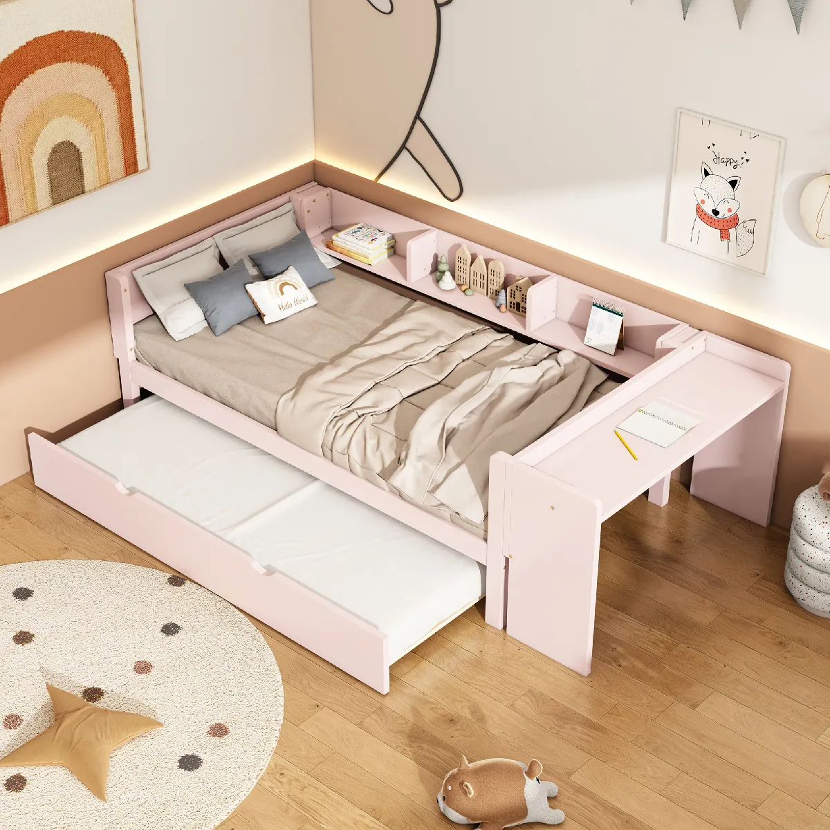 Lit plateau 90x200cm rose, sans matelas, bureau, 3 étagères, lit escamotable