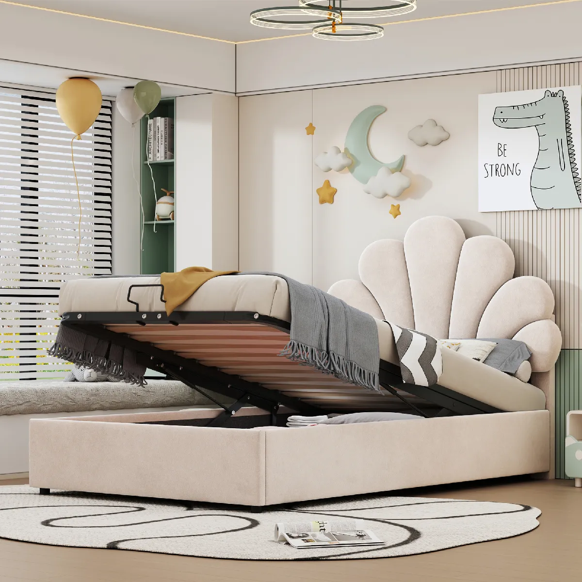 Lit enfant 90x200 avec tête fleurie tête réglable rangement hydraulique velours