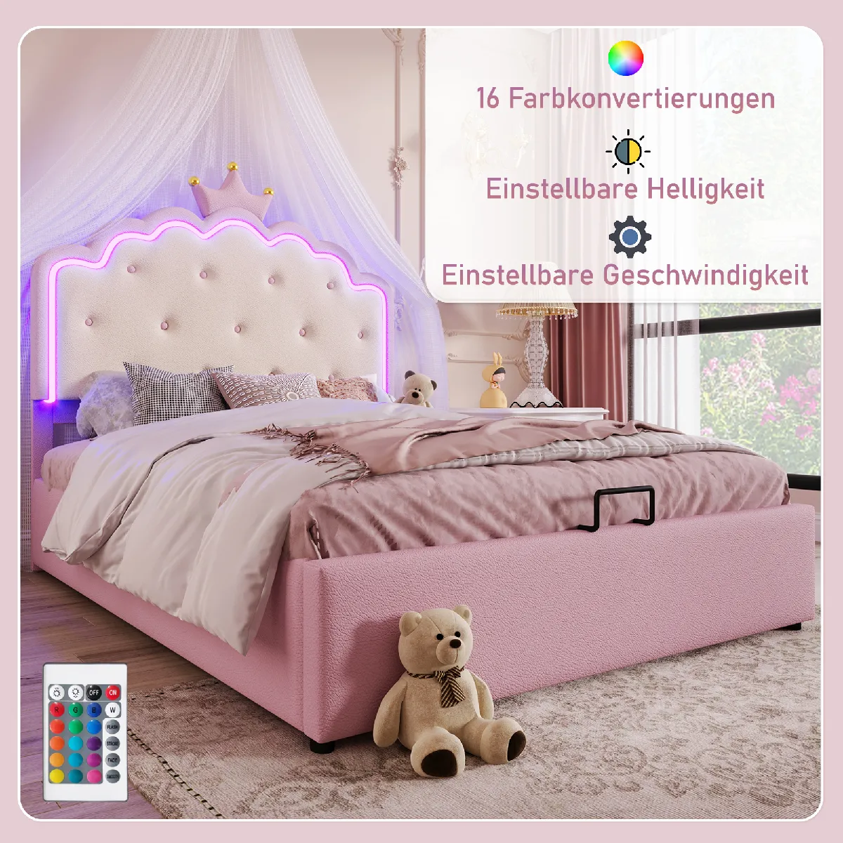 Lit capitonné 140x200cm rose, sans matelas, LED, princesse, rangement hydraulique
