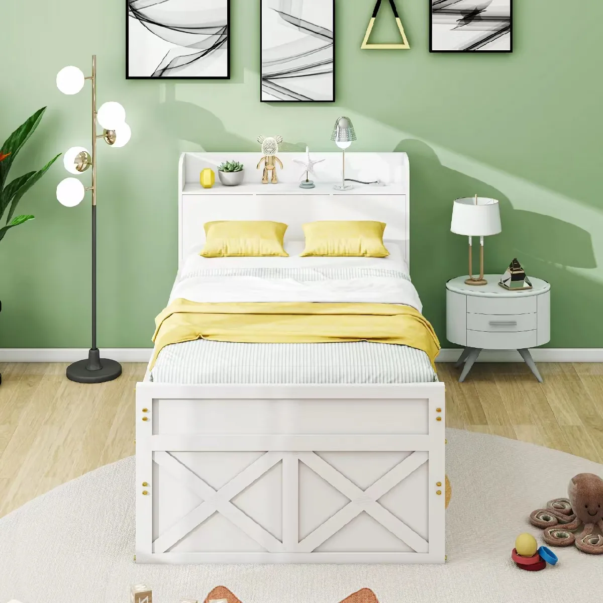 Lit simple bois massif pin 90x190, tiroir extensible, sommier, table de chevet USB, blanc.