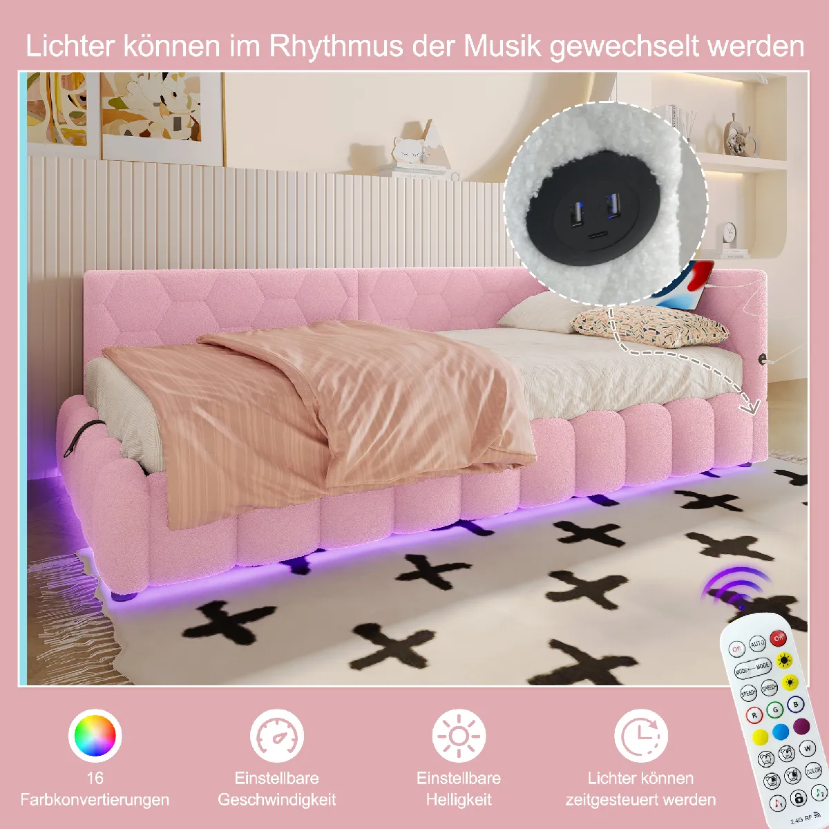 Lit jour 90x200cm rose, sans matelas, LED, rangement hydraulique, ports USB/C, simili-fourrure