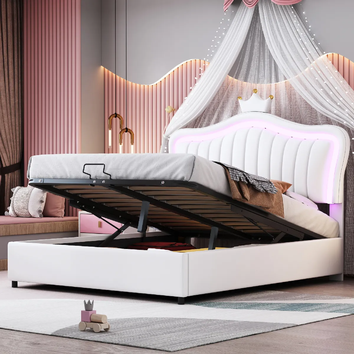 Lit enfant capitonné 140x200 rangement hydraulique cadre couronne PU cuir LED . - vue 2